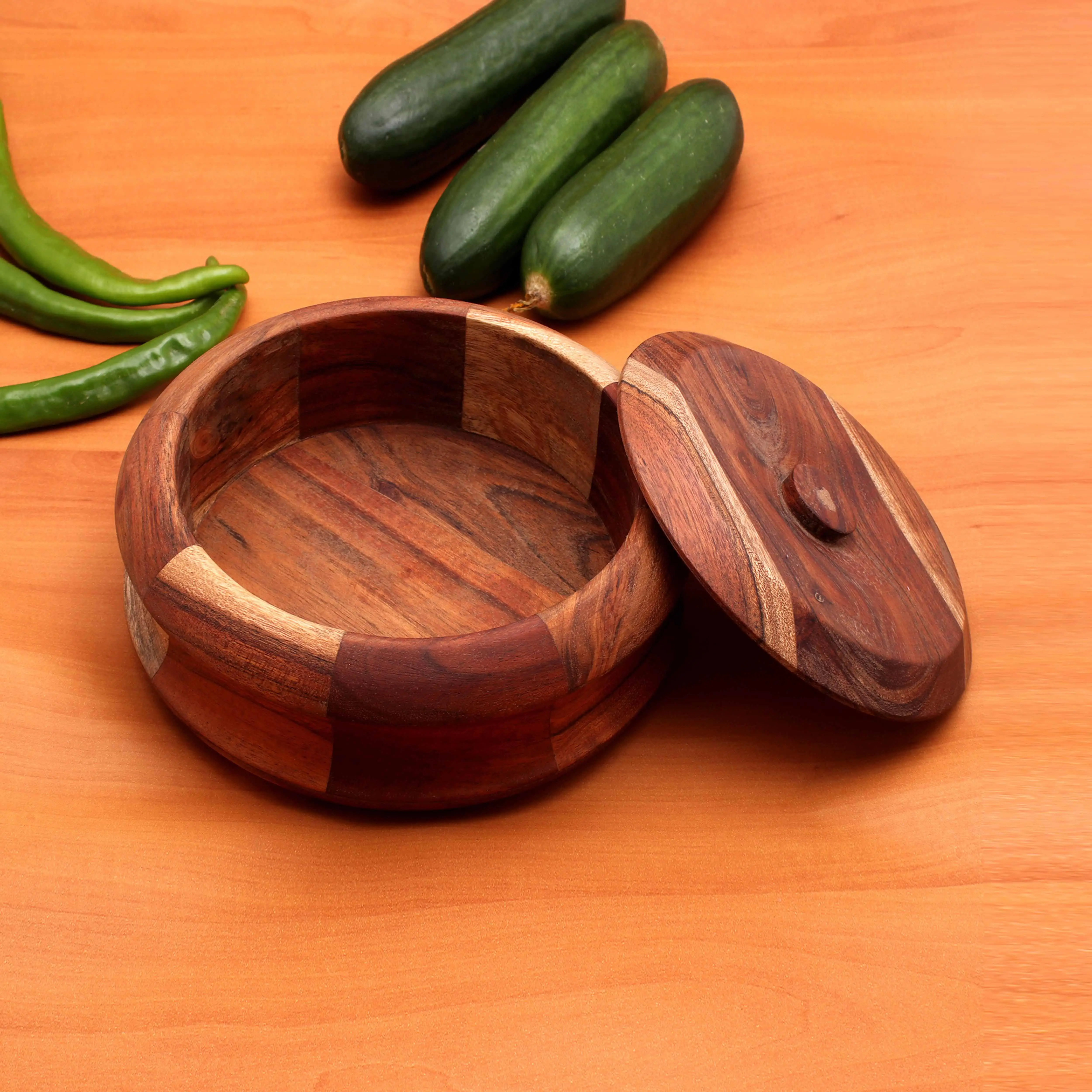 Acacia Bamboo Wooden Bowl With Lid Japanese Style Handcrafted Fruits Vegetable Serving Round Shape Wooden Large Bowl with Lid