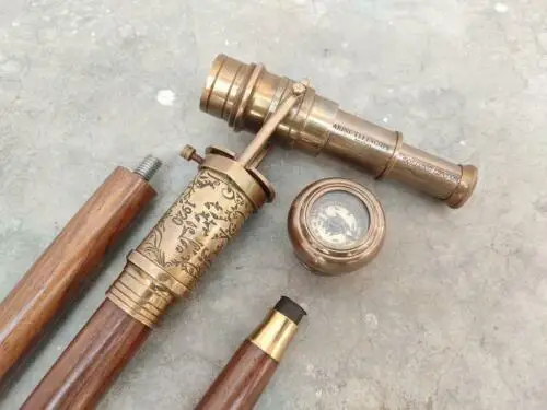 Telescope Walking Stick - Brass Telescope Handle Wooden Walking Stick - Nautical Theme Walking Stick