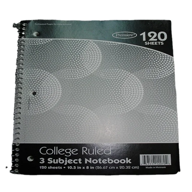 120 sheets Spiral Notebook with microperforated text pages called Three Subject Notebooks