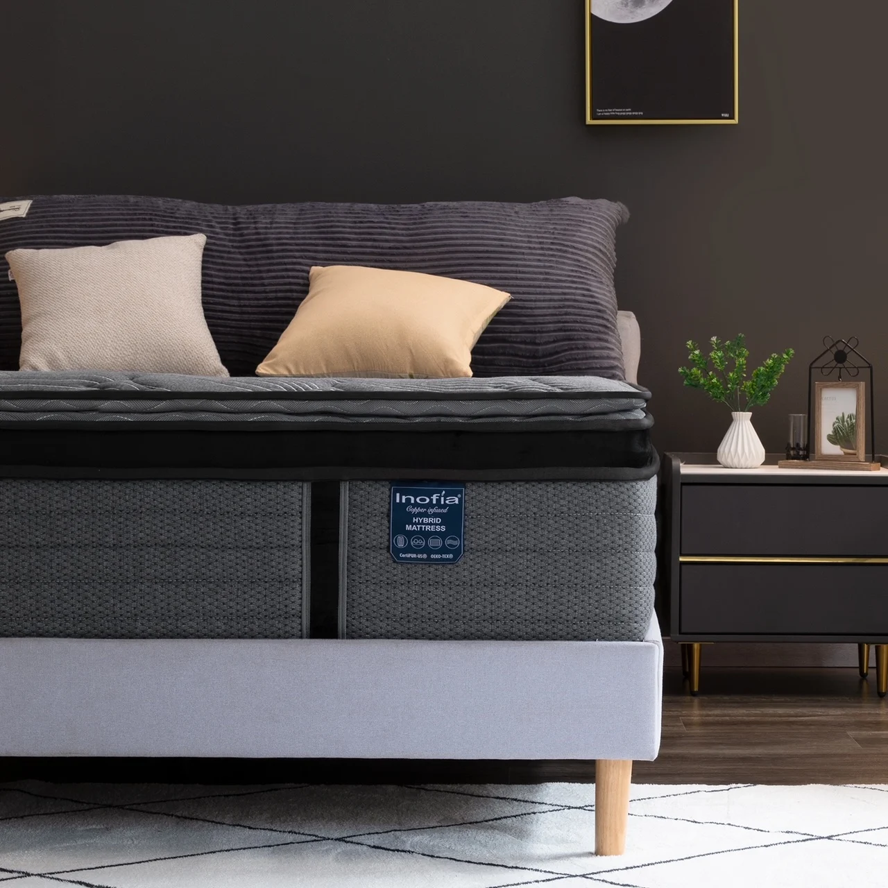 38cm striped grey Plush Organic Wool Latex Mini Pocket Spring Foam Encasement Mattress