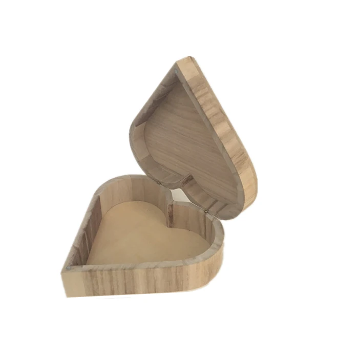 Экологически чистая небольшая деревянная коробка в форме сердца, оптовая продажа с крышкой, шкатулка для ювелирных изделий, шкатулка для свадебных колец, два разных способа открытия