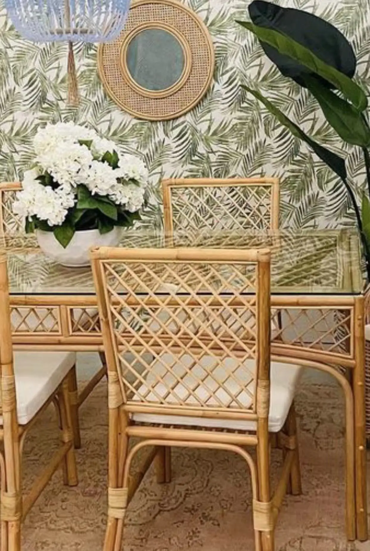 Center Liftup Extension Hand Woven Mid Century Antique Adjustable Rattan Glass Folded KINGSTON Dining Table