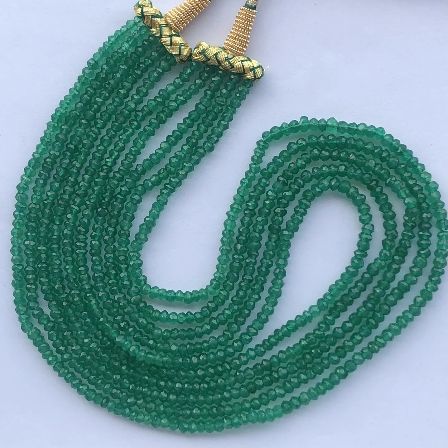 Semi Precious - Natural Emerald Green Onyx Stone Faceted Rondelle 5 Strand Beaded Gemstone Necklace at Wholesale Factory Price