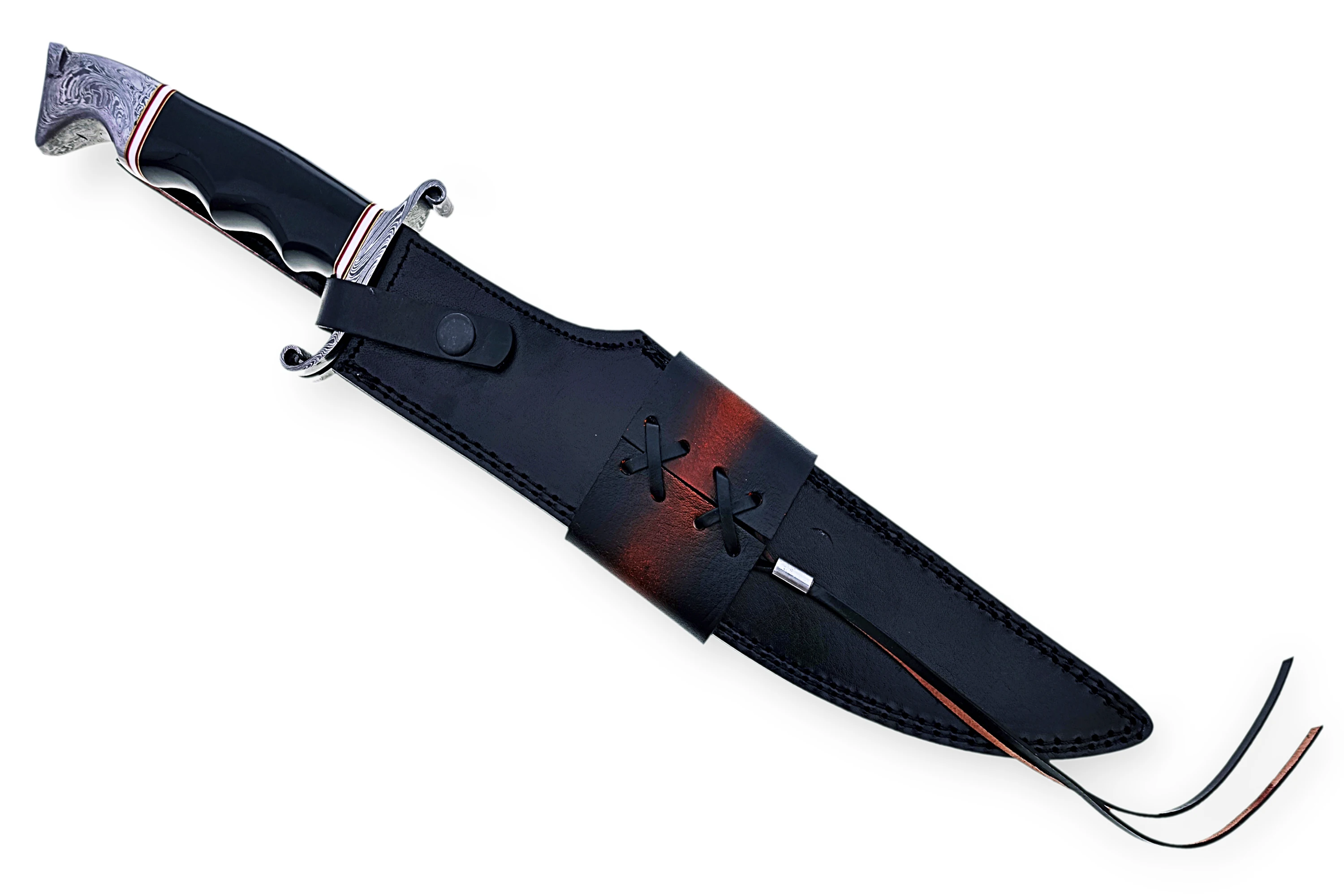 Hand Forged Damascus Steel Knife with Buffalo Horn Handle Fine Leather Sheath Handmade Outdoor Hunting Knife Wholesale Supply