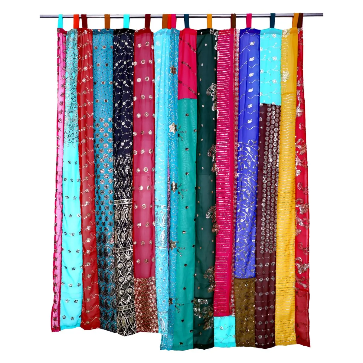 2 PC Vintage Curtain Indian Old Sari Patchwork Drape Window Decor Silk Curtain Valances Set