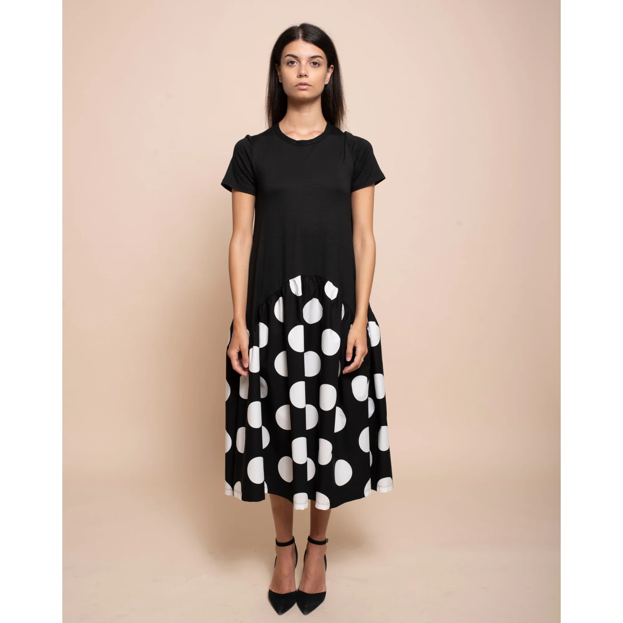 best quality italian long dress round neck half sleeve with cuts and gathered color solid color and polka dots