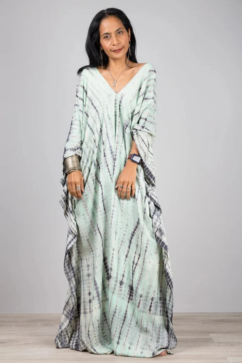 2021 New Arrival Summer Women Clothing Kaftan Manufacturers India Long Sleeve V-neck Tie Dye Kaftan Beach Clothing kaftan dress