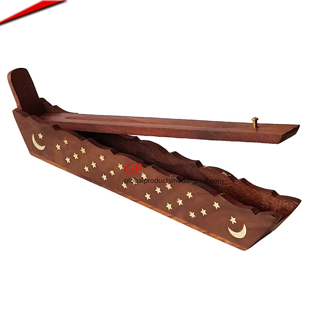 Crystal Customized Wood Sun & Moon Stick and Cone Incense Burner Enclosed Coffin Style Box  Bottom Storage