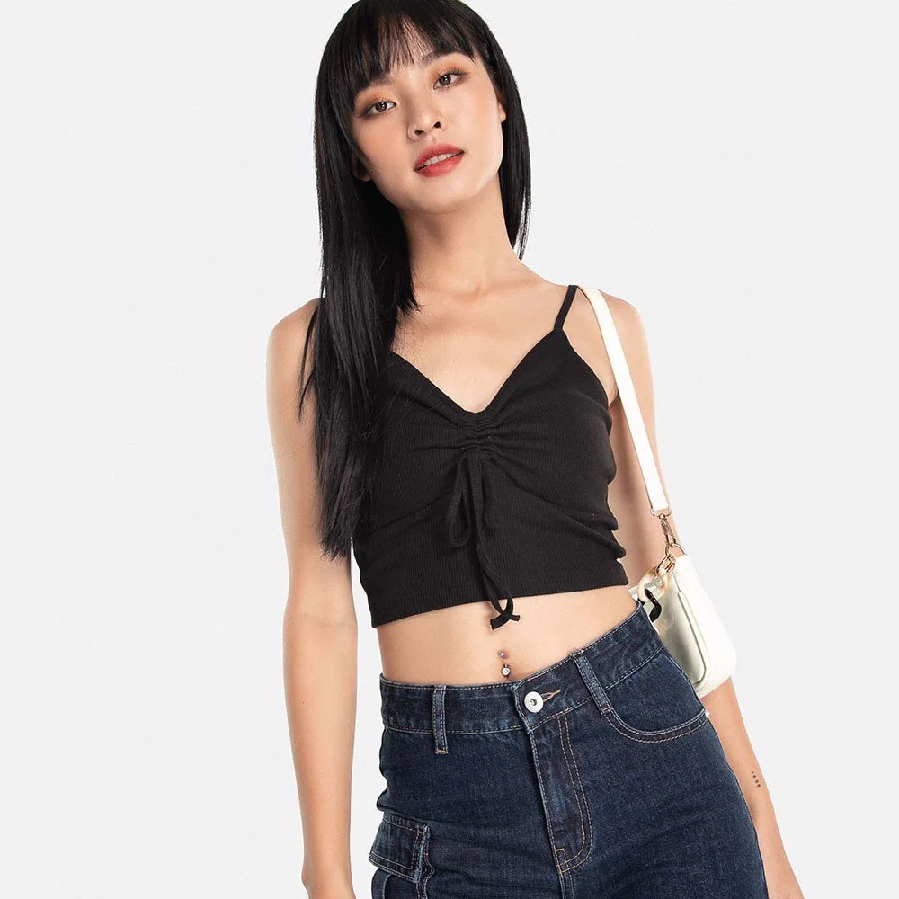 Ladies Modern Blouse Ribbed Knit Slip Crop Fashion Cutting Blouse Design Drawstring Produced In Vietnam