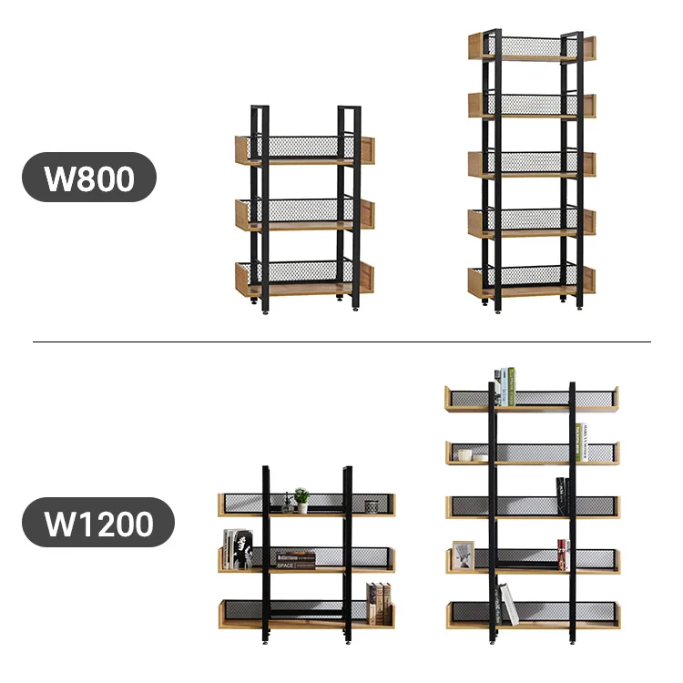 Industrial Wood Wooden Metal Display and storage square White frame 5 tiers back mesh leaning  bookshelf