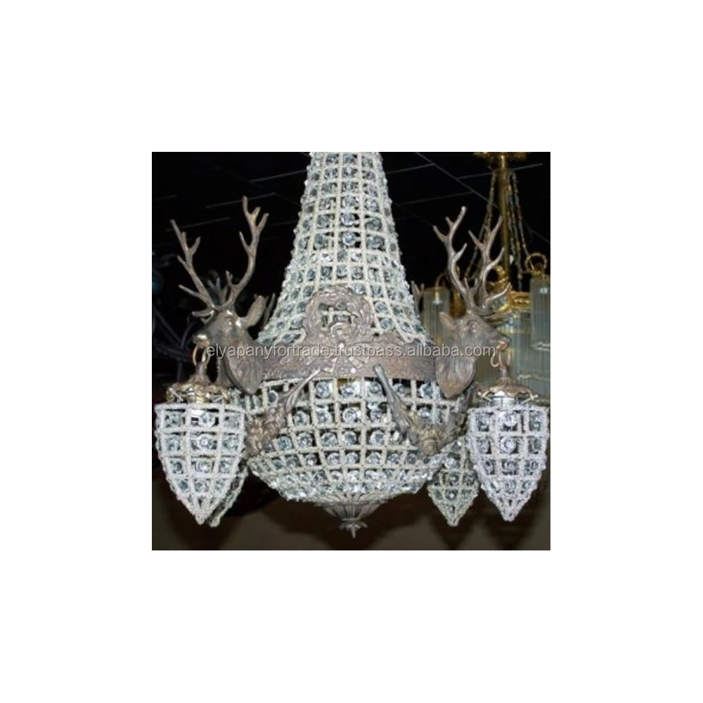 French Crystal Stag Head Basket Chandelier