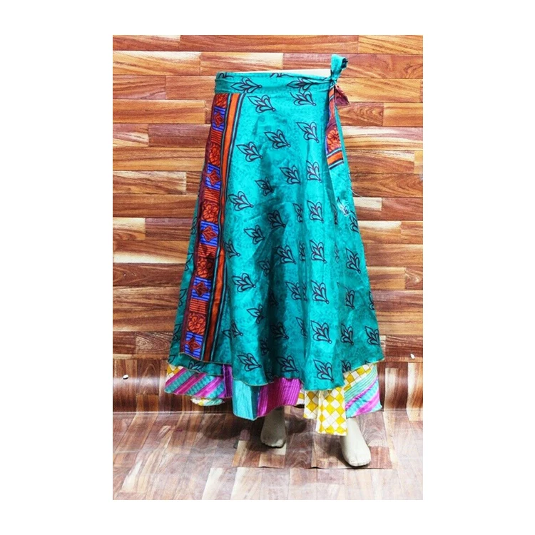 Stylish Floral Wrap Around Gypsy Boho Summer Casual Vintage Chic Floral Silk Sari Elastic Midi Beach Skirt Women Skirt