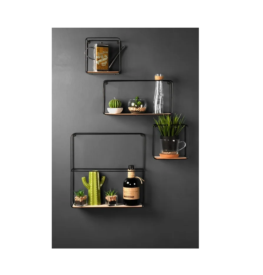 Latest Design Square Black Wall Shelf Wooden Plank Iron all Sizes Living Room Storage Objects Home Decor Wholesale Price India