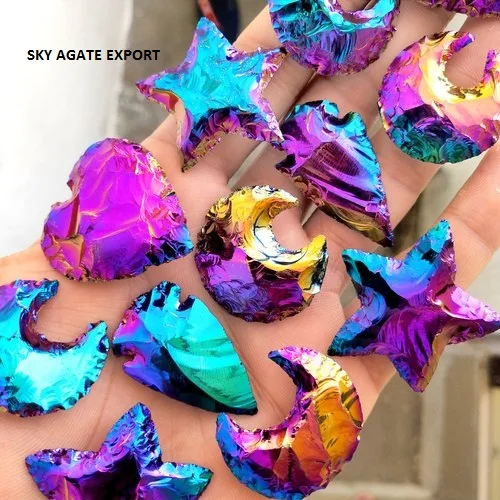 WHOLESALE OBSIDIAN TITANIUM COATED AURA CRYSTAL MOON, STAR PENDENT : BUY FROM SKY AGATE EXPORT