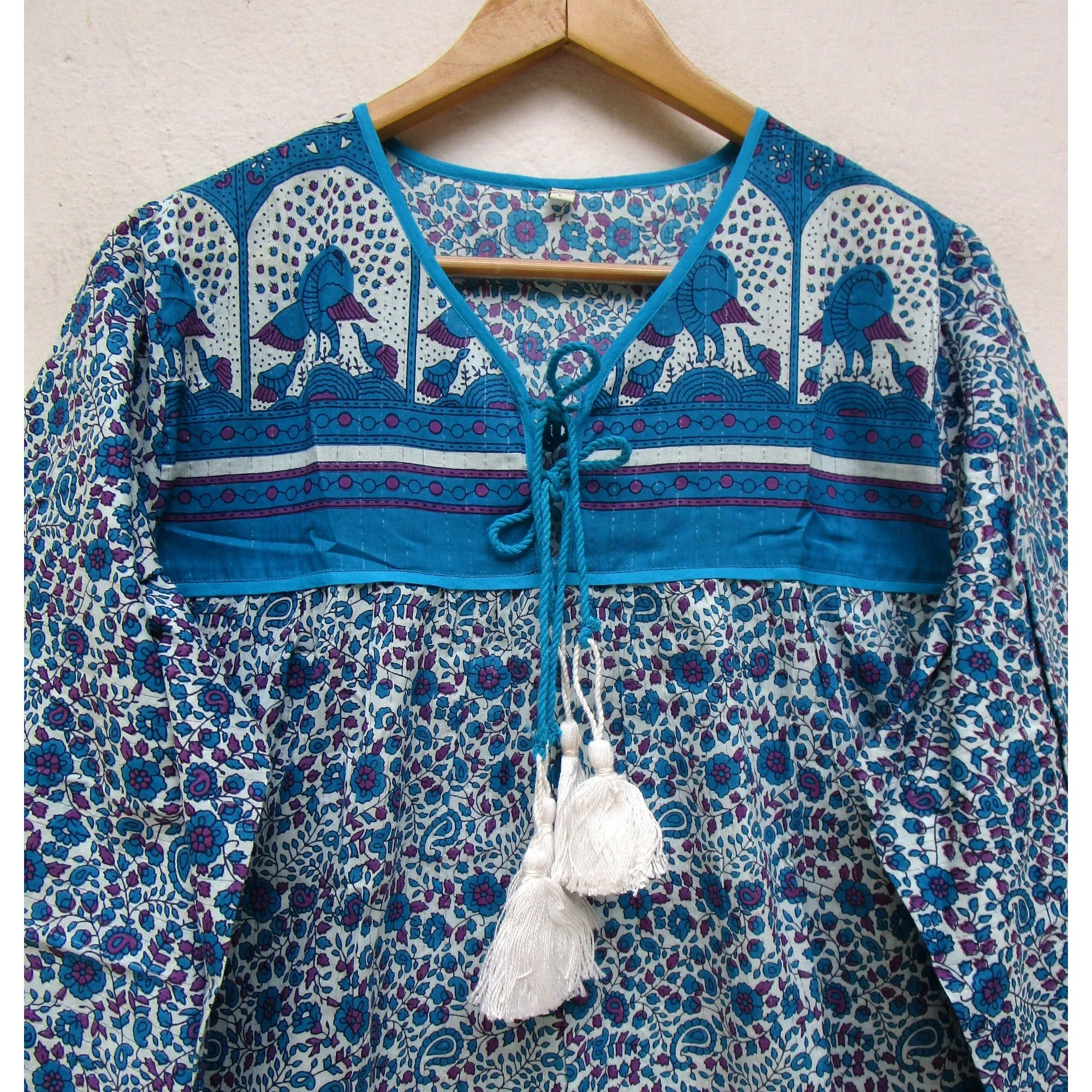 Blue and purple floral Indian printed cotton women blouse and tops - bohemian style blouse