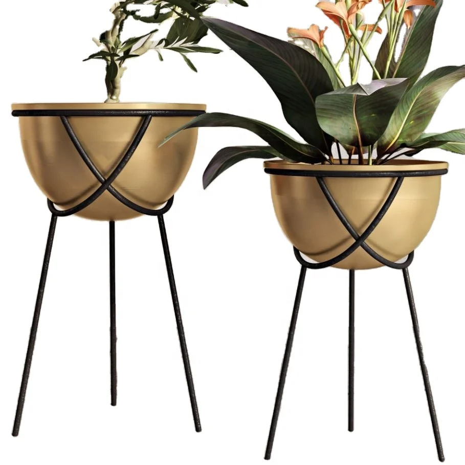 Горшок ручной работы с подставкой набор из 2 металлических горшков золотого цвета коричневая подставка комнатные кастрюли и цветочные горшки
