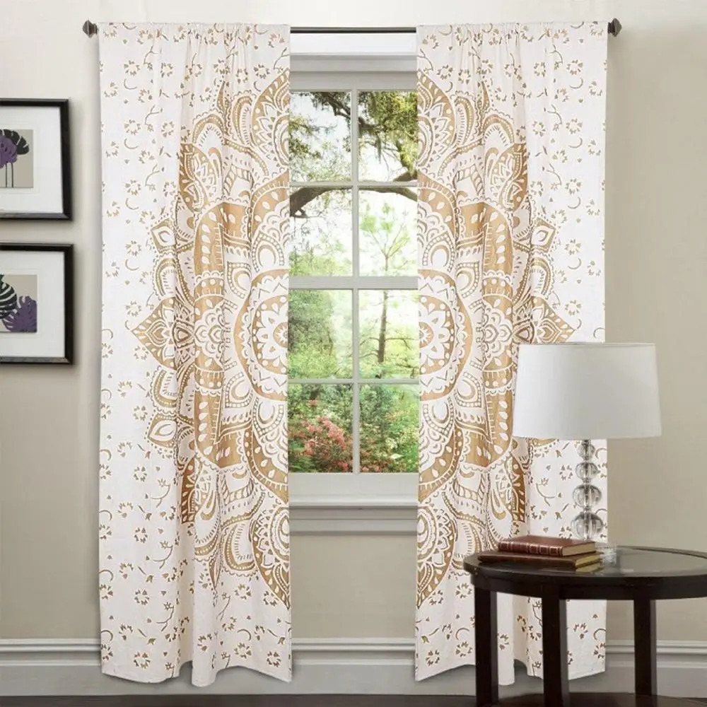 Ombre Mandala Wall Hanging Curtain Door Window Cover Valance Drape Cotton Fabric White Gold Handmade