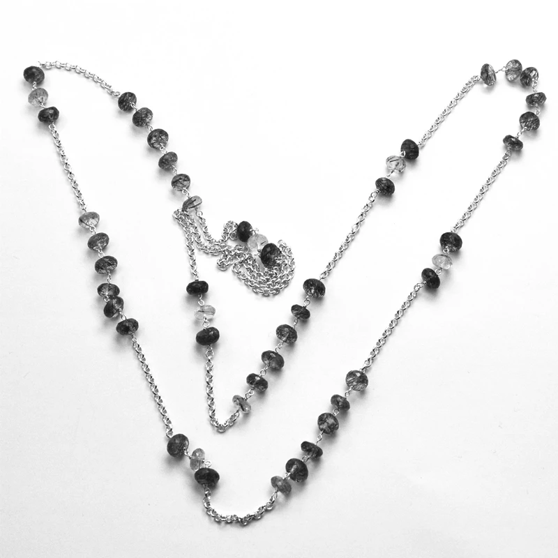 Новинка, женские ботинки черного цвета рутил бусы ожерелье 925 Серебро длинные Серебряная цепочка Ожерелье из натурального камня черного цвета рутил четки оптом по низкой цене цепи