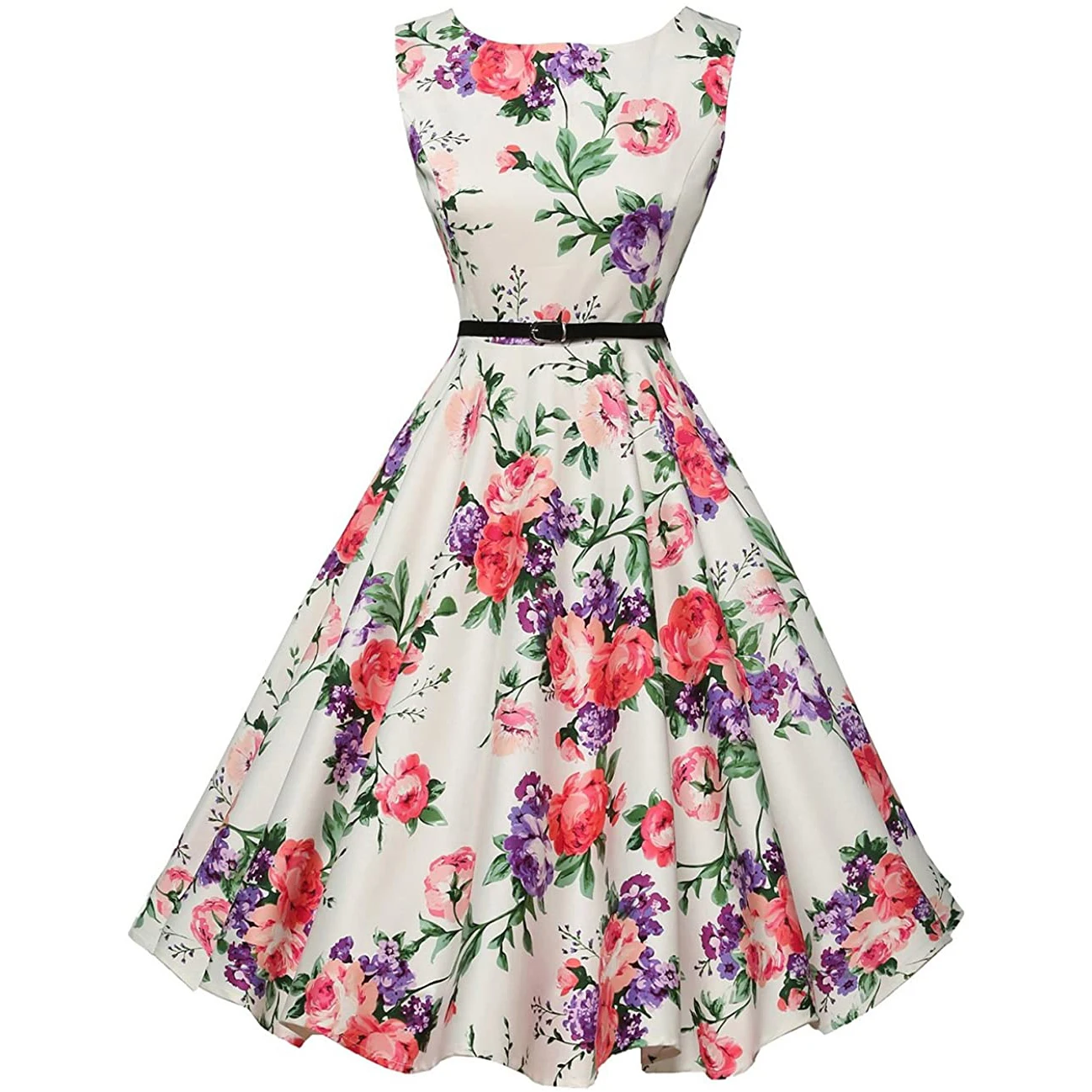Wholesale Women summer Boatneck Sleeveless Vintage Tea Dress with Belt Print Short Dress