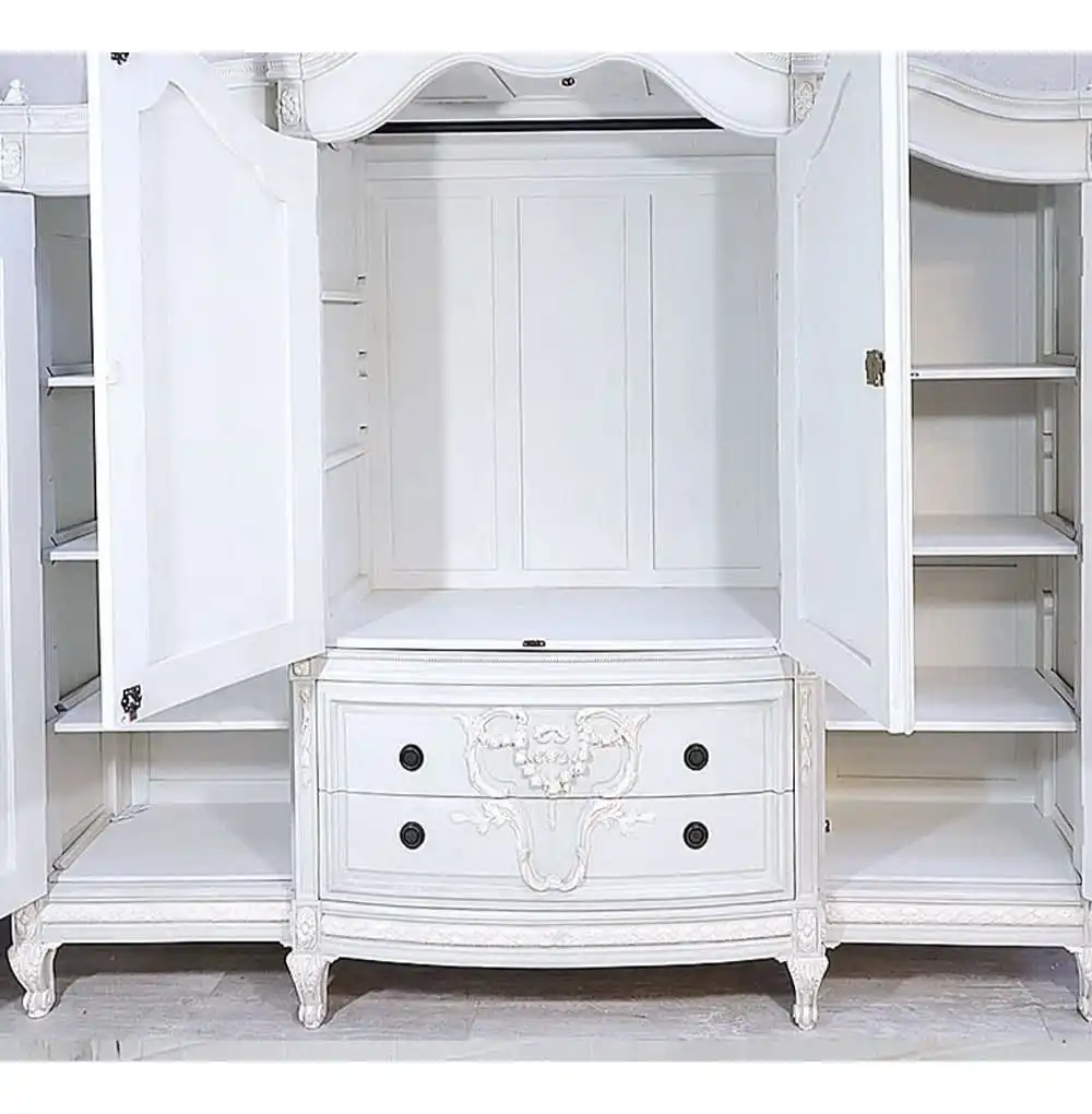 Hot Sale Classical Design White Wardrobe for Bedroom From Solid Wood Indoor Wrdrobes Bedroom Furniture Mahogany With Hand Carved