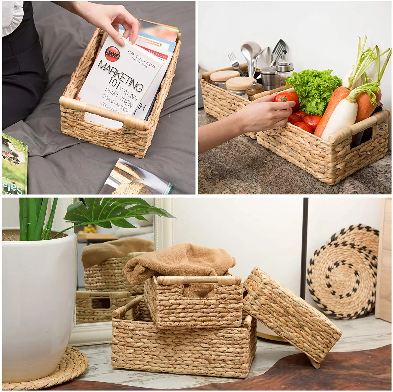 Vietnam Wicker Baskets for Storage Organizing Water Hyacinth Storage Baskets Rectangular with Wooden Handles