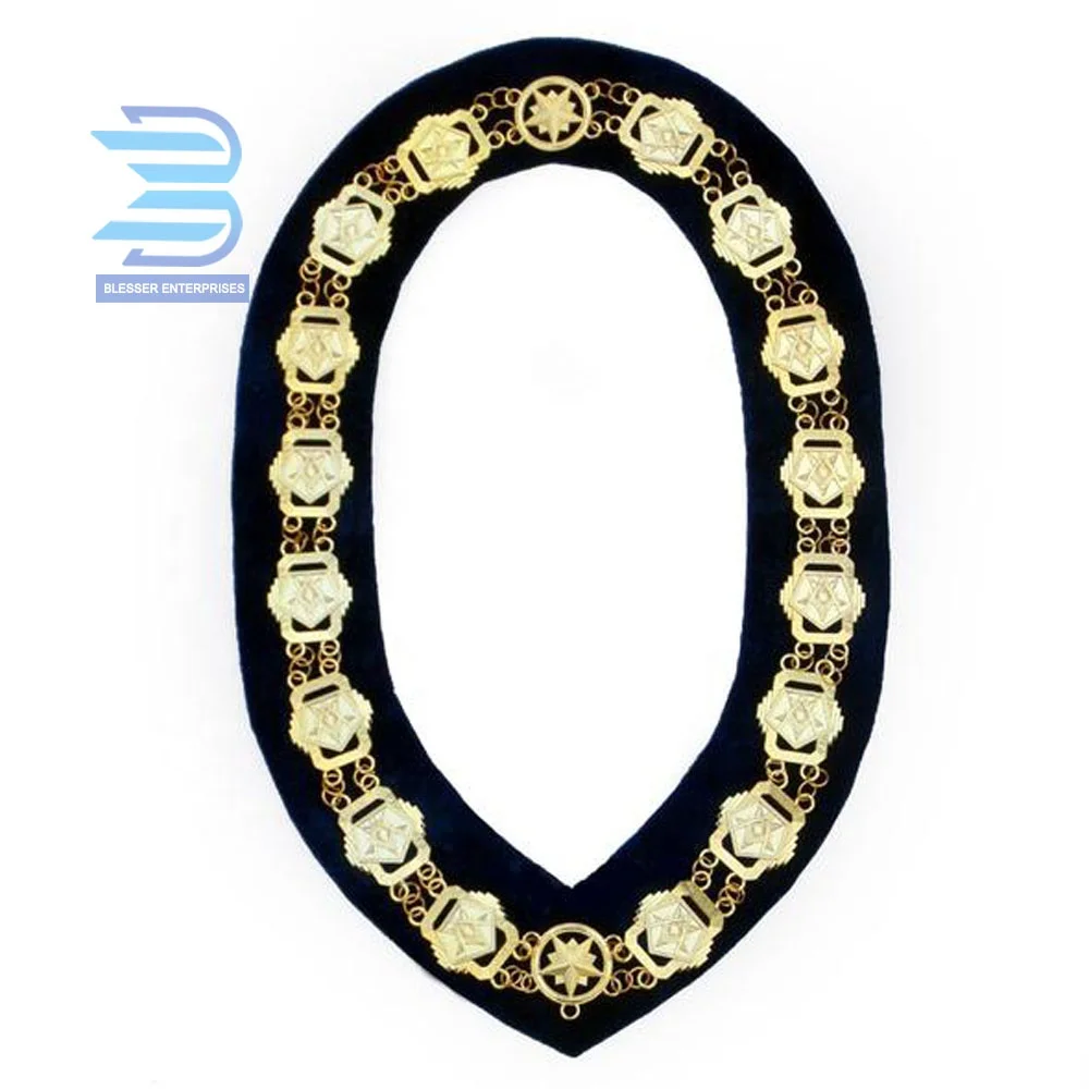 Regalia Masonic Compass Square Order of the Eastern Star OES Chain Collar /Gold On Blue