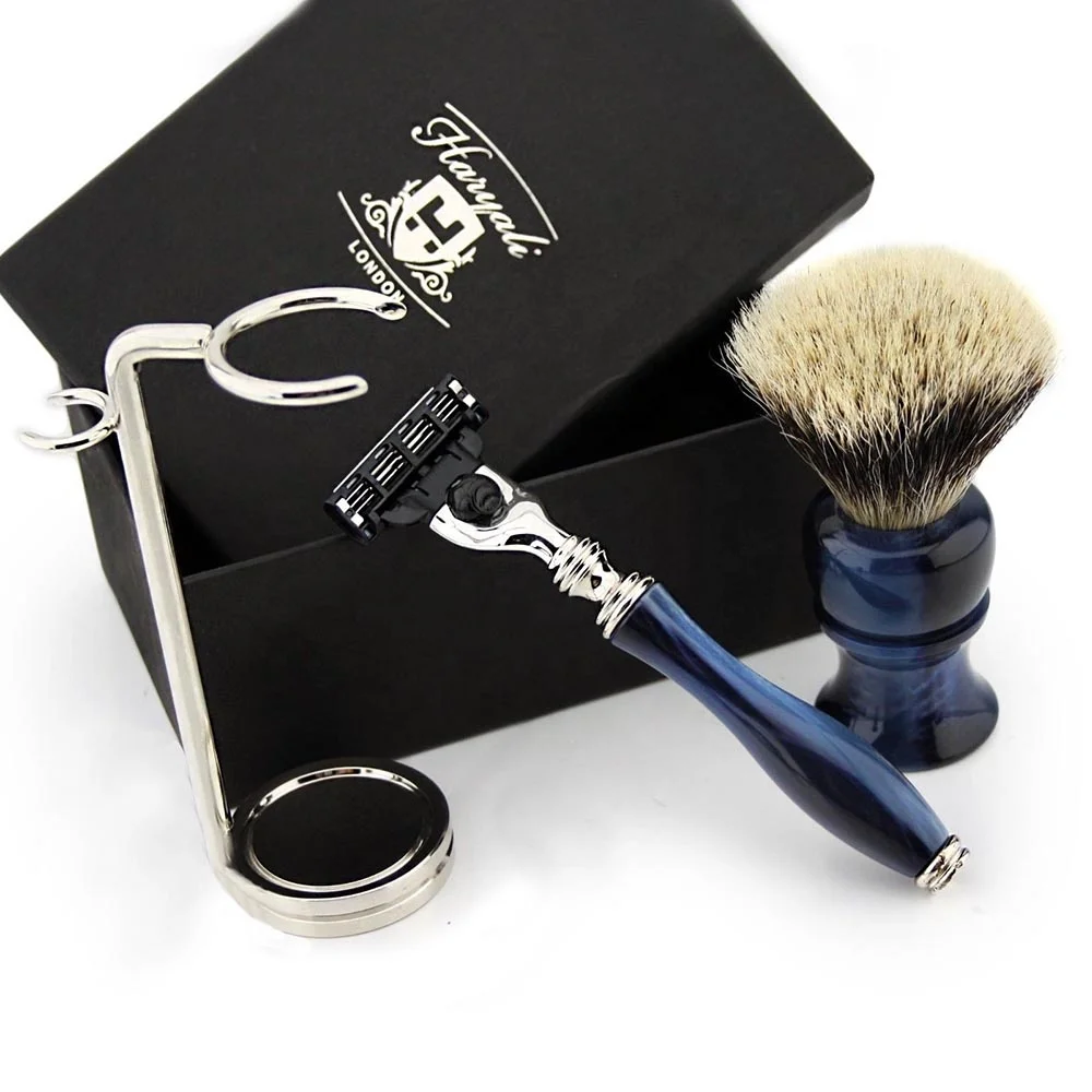 
Мужской набор для бритья, серебряный наконечник барсука и картридж с 3 лезвиями, бритва из синего рога 