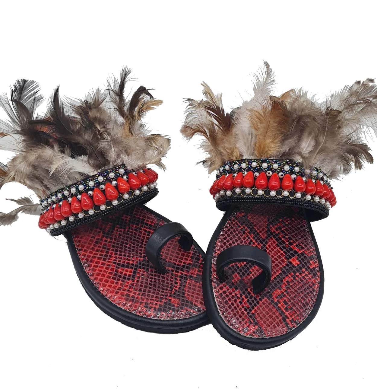 Ethnic Snake Print Ethnic Boho Fashion Style Feather Decoration Crystal Beaded Women Leather Flats Sandal Flip Flop Slippers