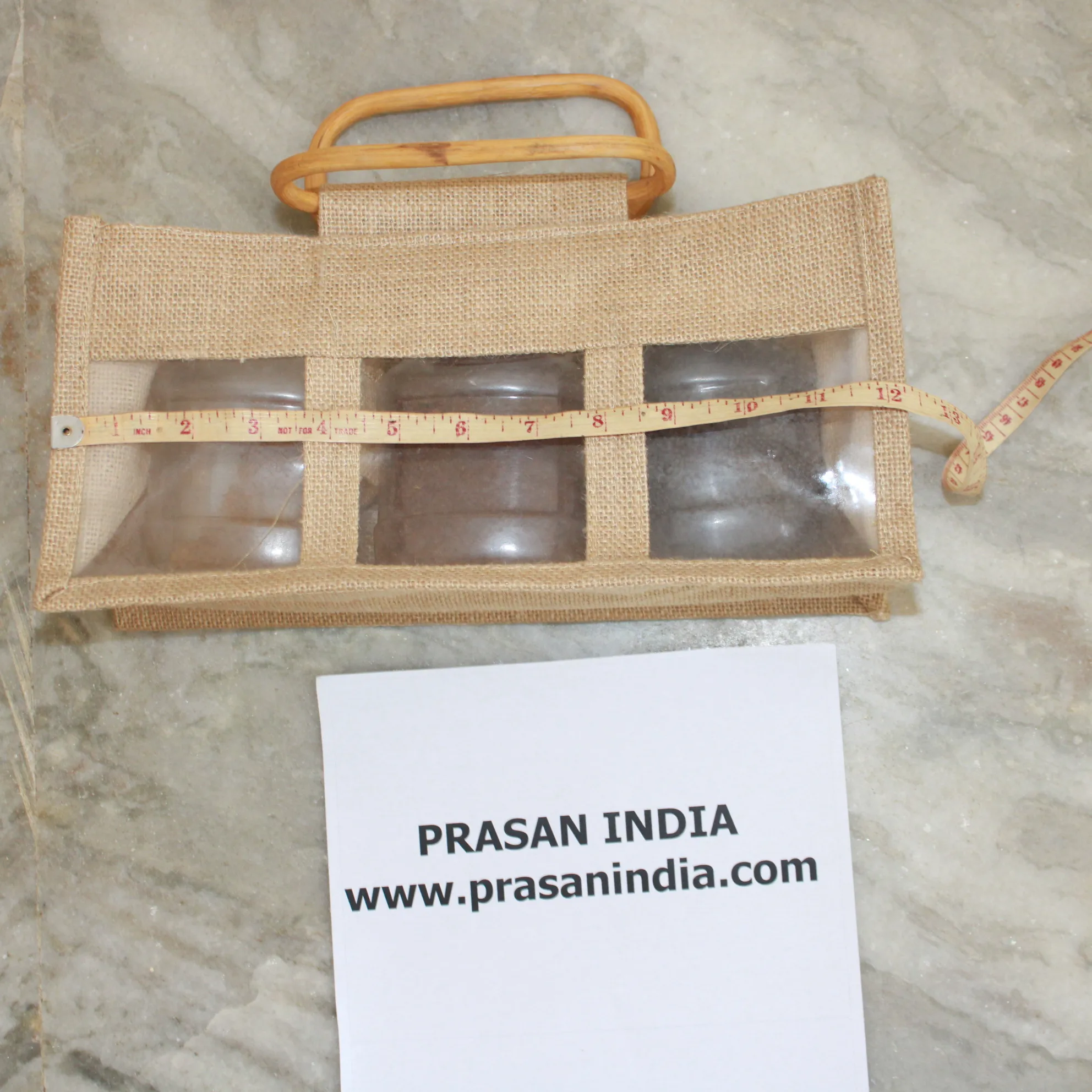 reliable three bottle jam jar bag with front transparent window and made of pure indian laminated jute burlap hessian