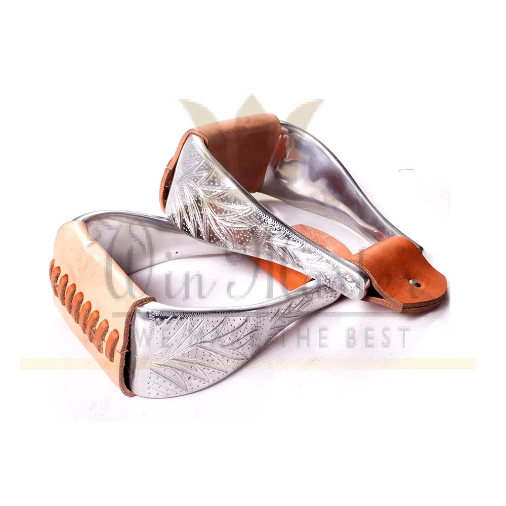 Showman Polished Aluminum Bell Engraved Stirrups Leather Tread NEW HORSE TACK
