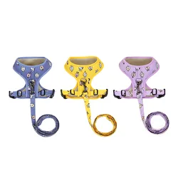 Dog Collar With Rope Cute Animal Patterns Pet Padded Harness Leash With Chest Straps Permeable Fabric Pet Leash Suit