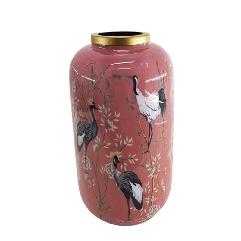 Wholesale Table Top Decoration Iron Flower Vase Bird Sticker Enamil And Gold Colour Large Size Flower Pot For Home Decor