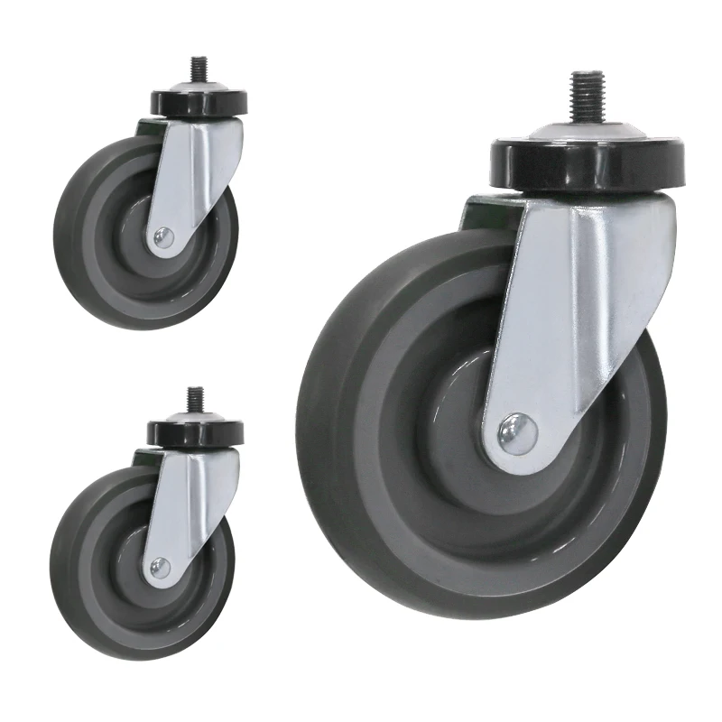 5 inch grey TPR wheel Trolley Cart Caster Swivel Threaded Stem With Total Brake Shopping Trolley Platform Cart Casters Wheel
