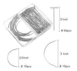 70 Pieces Stainless Steel Wig T Pins & C Curved Needles Set Hair Weave Needles For Wig Making