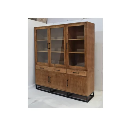 Latest Design Solid Wood Iron Base and Glass Panel Living Room Cabinet Furniture with Drawers and Doors Storage Cabinet