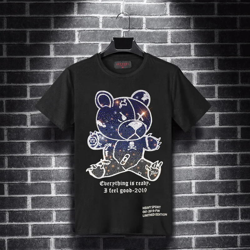 
JET FUEL Hombre T Shirt Men Cotton Stylish T shirt With Rhinestone Bear Design 