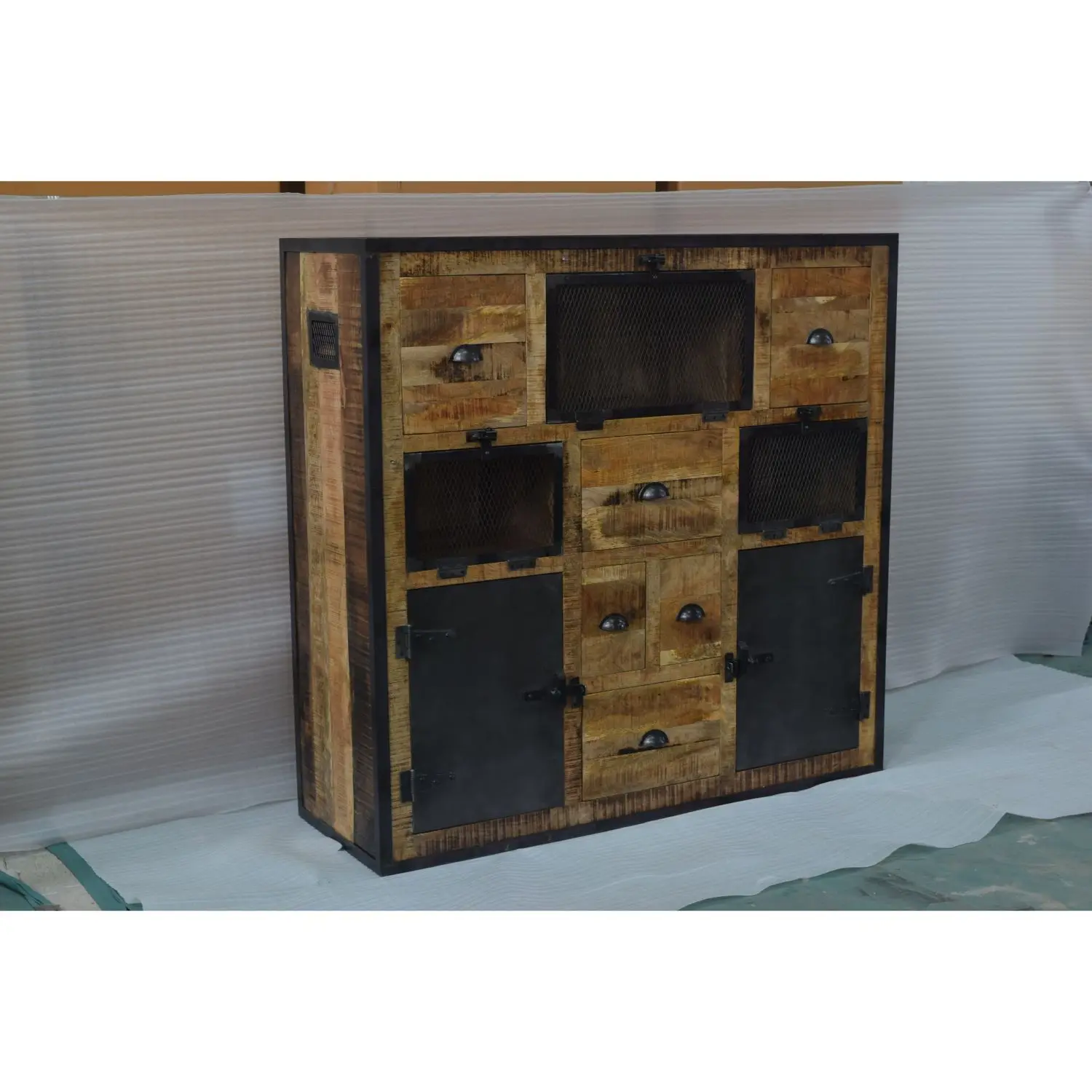 Industrial Modern Solid  Mango Wooden Metal Door  Sideboard Bed Room Workshop Living Room Cabinet