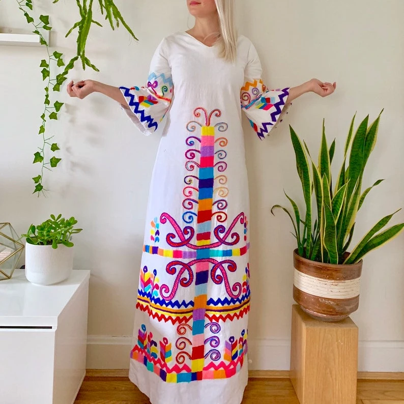 Luxurious Floral Maxi Dress Boho Lady Resort Evening Yellow Gown Bohemian Style Mexican Dress