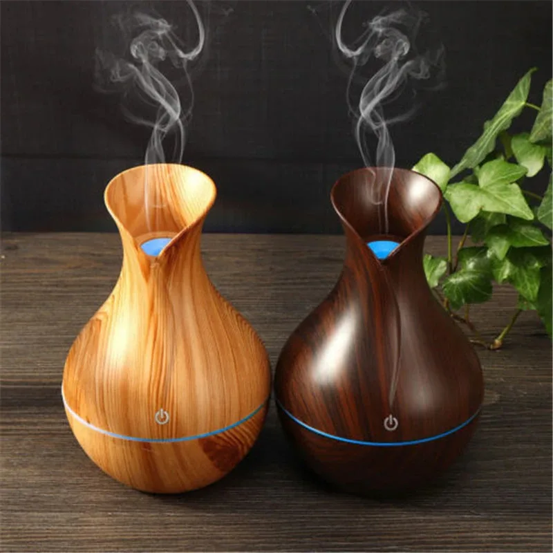 Essential Oil Diffuser with LED Night Light Ultrasonic Aromatherapy Humidifier Vase Shape Wood Grain Appearance