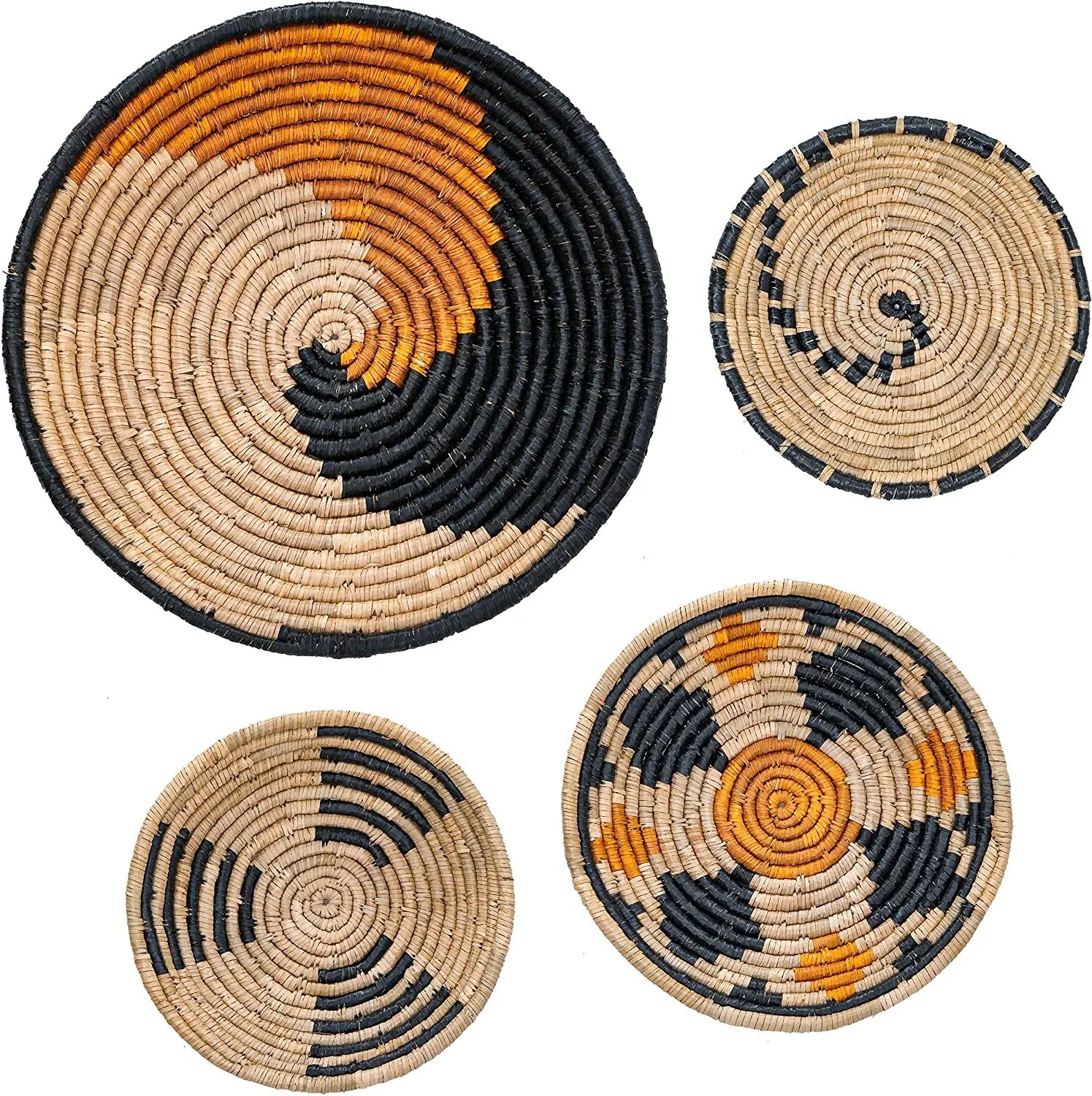 Wicker Wall Basket Decor Set of 4 Oversized, Hanging Natural Woven Seagrass Flat Baskets, Round Boho Wall Basket Decor