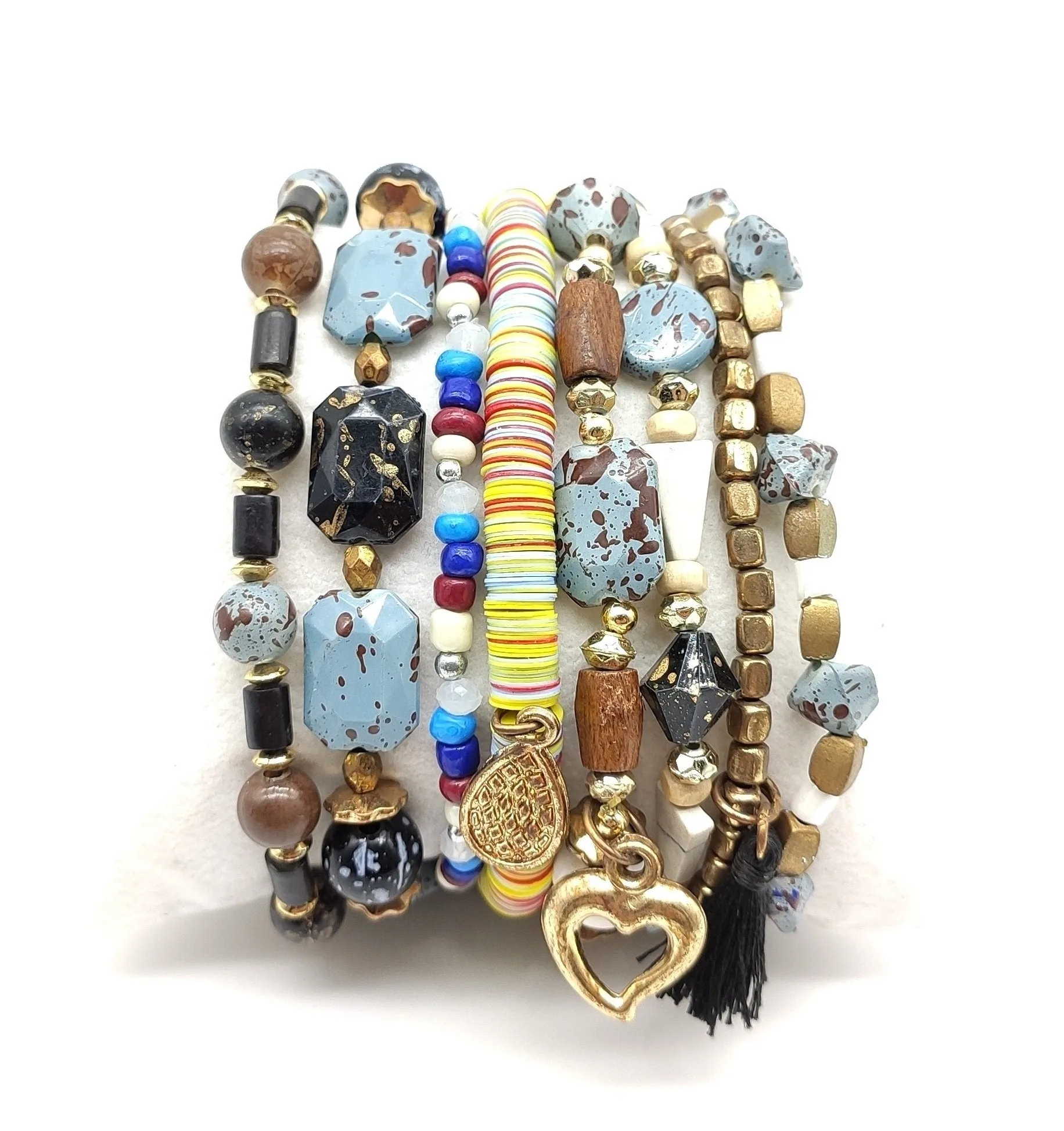 Bohemian Style Statement Beaded Hoop Bracelet Earrings Set Handmade Wood Jewelry with Diamond Seed Beads for Wedding or Gift