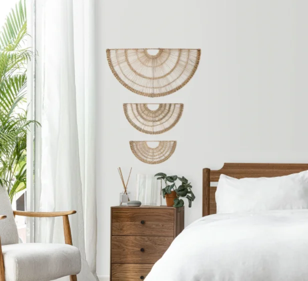 Set of 3 Natural Seagrass Woven Fan Wall Decor with Metal Frame from Vietnam Supplier