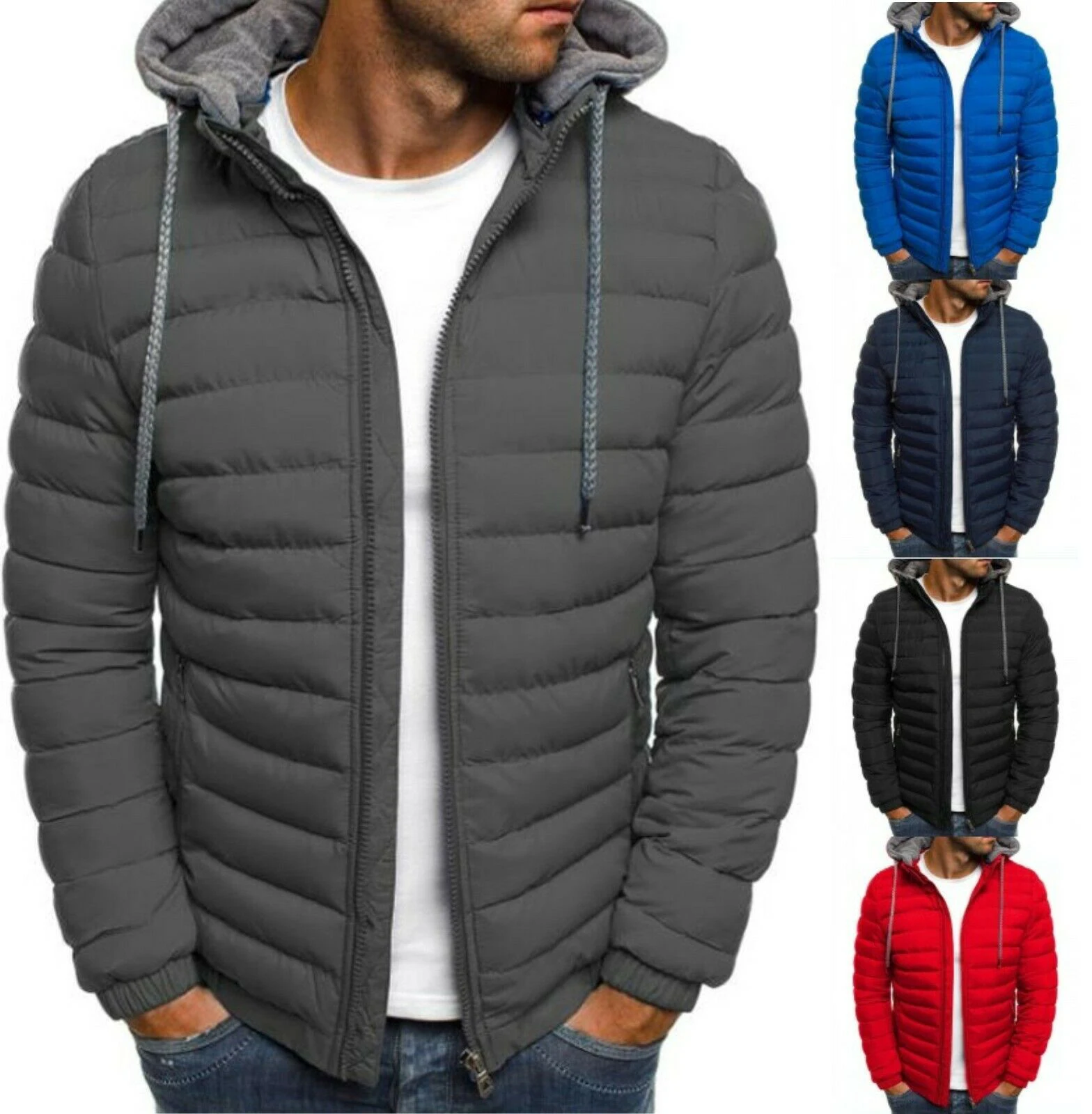 PAKISTAN FACTORY Mens Hoodie Bubble Coats Puffer Plain Red Jackets,Winter Warm Quilted Zip Outwear Street Fashion Bubble Jacket
