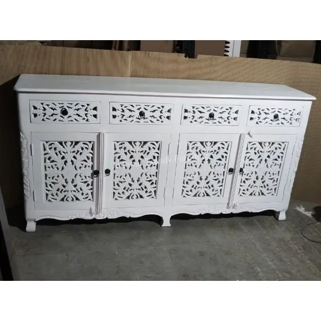 Wholesale mango wooden storage cabinet Rustic Solid Wood Four Doors Four Drawers Carved White Wash Buffet Sideboard
