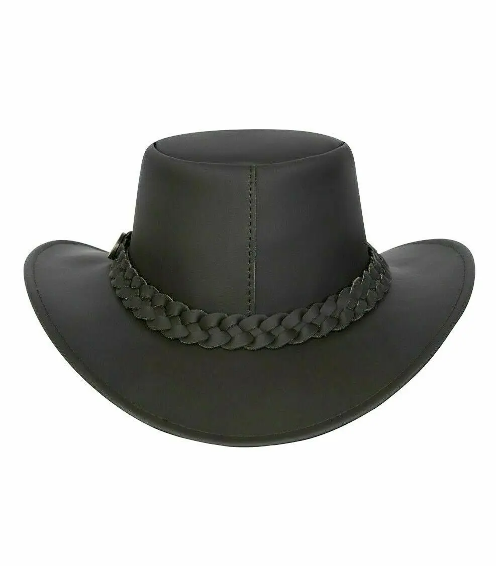 Hot Selling Western Style Genuine Leather Brown Cowboy Bush Hat Hats With Free Chin Strap Australian