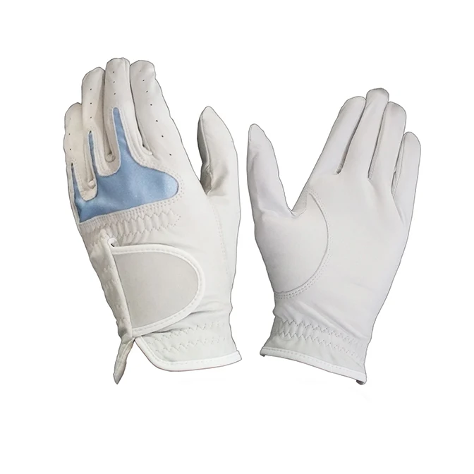 Golf Glove Full Leather color White combined with Blue Lycra Color with Cabretta Material