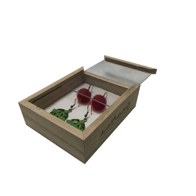 Engraved Logo Sliding Lid Paulownia Wood Box with Clear Window and Foam Insert Wooden Box for Trinkets Jewelry Packaging Display