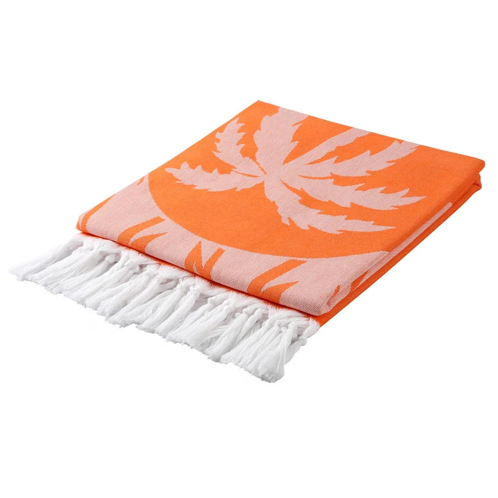 Palm Tree Patterned Tropical Style Sunbed Beach Bath Towel with Tassels Jacquard Custom Print Design Private Label 100% Cotton