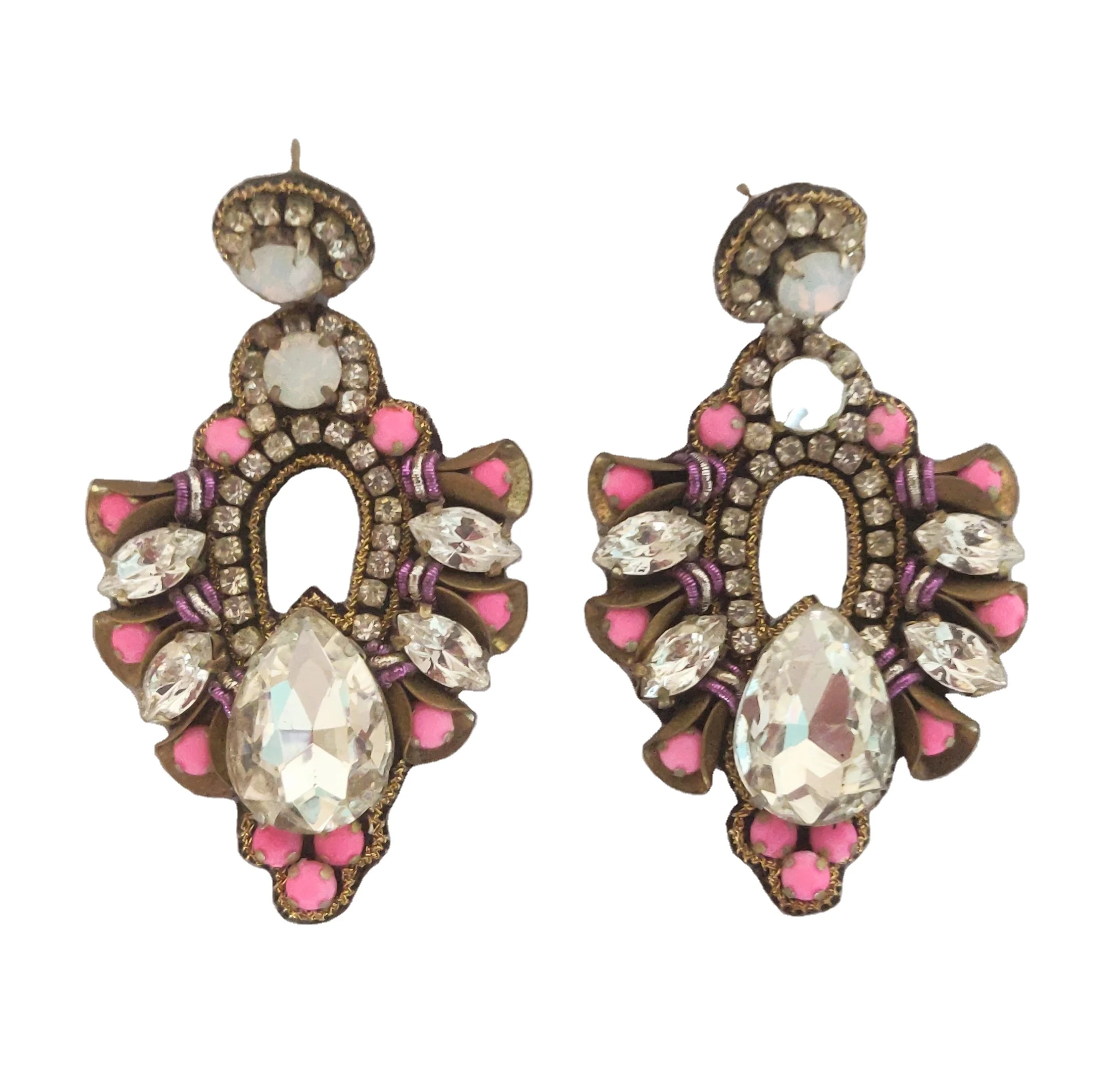 Low Priced Pink Opal Stones Crystal Drops Chandelier Shaped Earrings for Women for Weddings Evening Wear Party Wear
