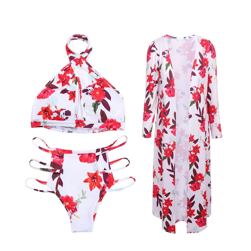 Custom Three-Piece Swimsuit Bikini Set  Chiffon Sarong Cappa  for Womens Print floral Beachwear Bathing suit